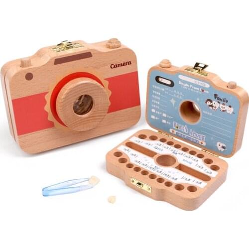 Wooden Baby Teeth Box Baby Tooth Keepsake Box Camera Shaped Wooden Container Storage Teeth Kids Gift Tandendoosje Caja Dient
