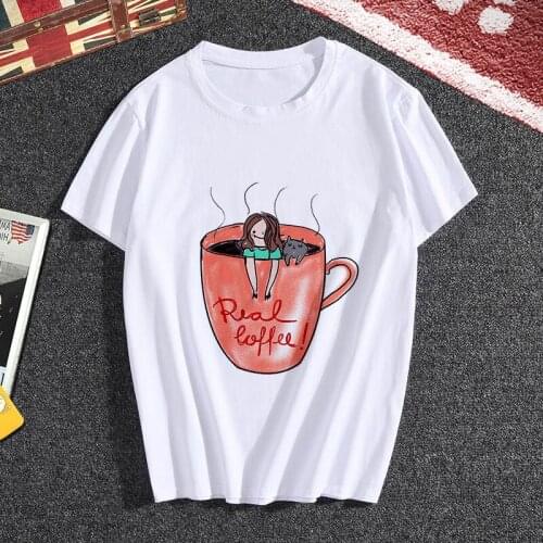 2021 New Summer Personality Coffee Printed T Shirt Girl Harajuku Beautiful Thin Section White T-shirt Clothes Female Top Tee