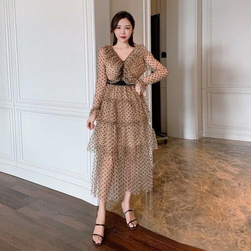 JSXDHK Designer Holiday Maxi Dress Elegant Autumn Women V Neck Ruffles Wave Point Mesh Vintage Flare Sleeve Cake Party Vestidos