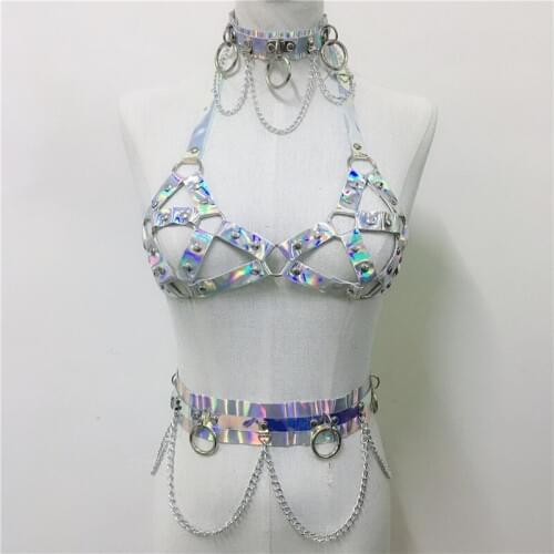 Laser Holographic PVC Bondage 3 Piece Set Women Sexy Collar Choker Gothic Halter Crop Top Link Chain Waist Belt Outfits Clubwear