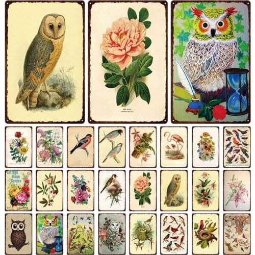 Garden Flower Metal Tin Sign Bird Owl Iron Painting Plaque Vintage Wall Metal Poster Bar Restaurant Home Shop Craft Plate