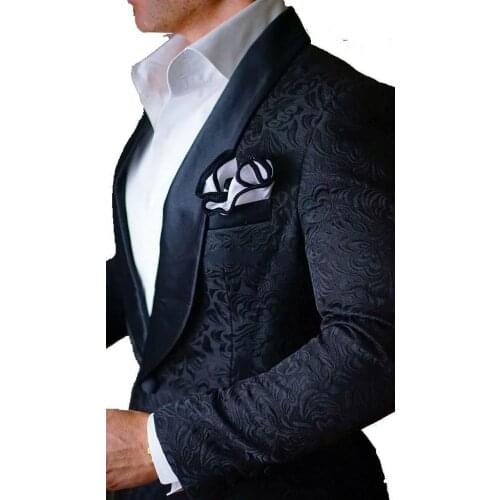 Fashionable One Button Black Paisley Groom Tuxedos Shawl Lapel Groomsmen Men Blazers Suits (Jacket+Pants+Tie) NO:329