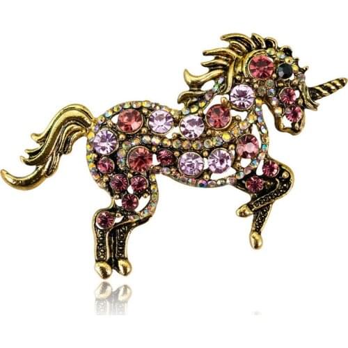Cartoon Alloy Zodiac Horse Unicorn Brooch Pin for Women Men Fashion Animal Rhinestone Corsage Jewelry Accessories Wholesale