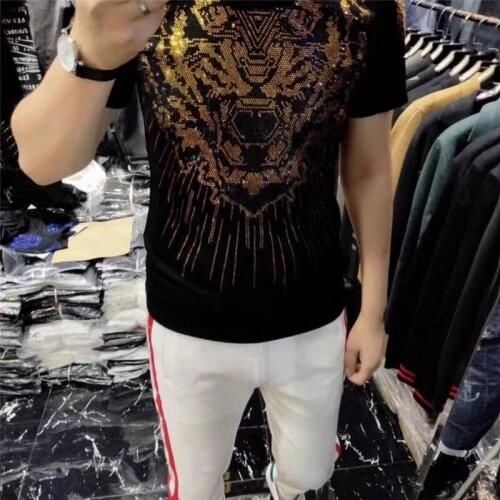 Mens fashion slim clothing new mens hot drilling T-shirt 100% cotton O collar short sleeve T-shirt