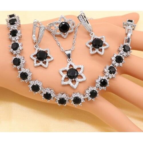 Silver Jewelry Sets For Women Black Semi-precious Earrings Bracelet Rings Necklace Pendant Bridal Wedding Jewelry