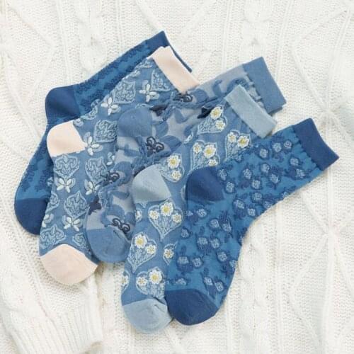 5 Pairs Women Socks Set Autumn Winter Flowers Printing Cotton Harajuku Blue Accessories Geometry Heart-Shaped Femme Sokken Kawai