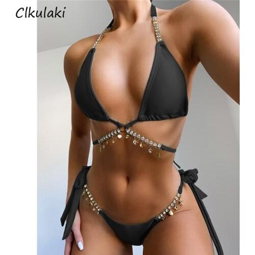 New Jewelled Rhinestones Diamond Bikini Swimsuit Women Sexy Cross Lace Halter Bikini set 2021 Female Swim Beachwear Bathing Suit