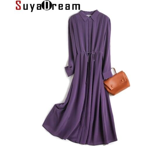 SuyaDream Woman Silk Long Dress 100%Silk Crepe Solid Long Sleeves Sashes French Shirt Dress 2020 Summer Elegant Purple Dresses