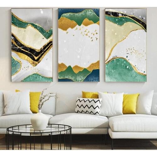 Golden Wavy Lines Large Poster Gold Green And Gray Marble Wall Art Print Canvas Painting Contemporary Interior Home Decoration