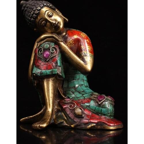 Tibetan Buddhist handmade buddha Statue, Pure copper Sleeping buddha sculpture Inlaid with semi-precious stones