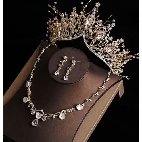 Brides wedding crown earrings sets headdress Necklace Earrings three piece set of hair ornaments female wedding crown