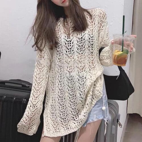 Women 2020 Early Autumn Thin Crochet Sweater Pullover Female O Neck Long Sleeve Hollow Out Top Loose Casual Sun Protection Shirt