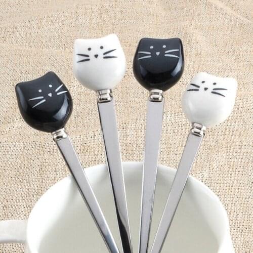 Cute Cartoon Cat Fork Stainless Steel Long Stirring Spoon Fruit Fork Coffee Stainless Steel Spoon Ceramic Handle Fruit Tools