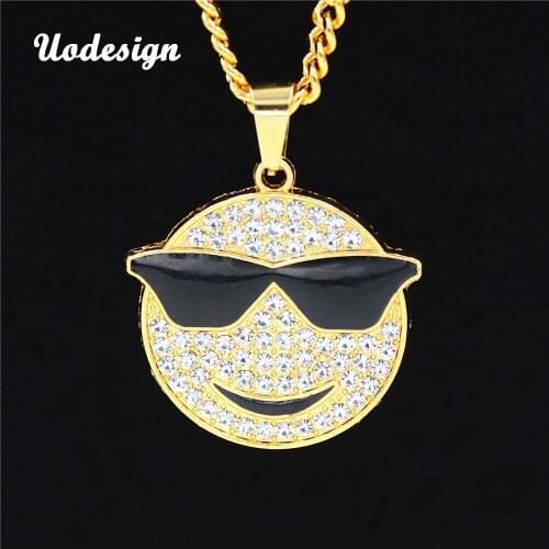 Uodesign Hip Hop Jewelry Full Crystal Glasses Smile Face Pendant 75cm Chain Bling Cool Necklace Mens Fashion Accessories HP110