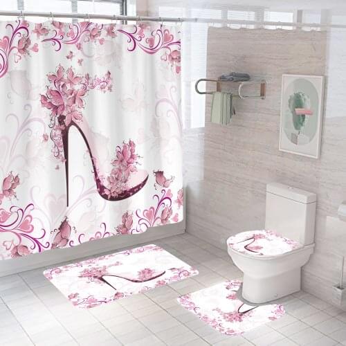 Pink Flower High Heels Shower Curtain Fashion Waterproof Bathroom Bath Mat Set Design Pedestal Rug Lid Toilet Cover De Home