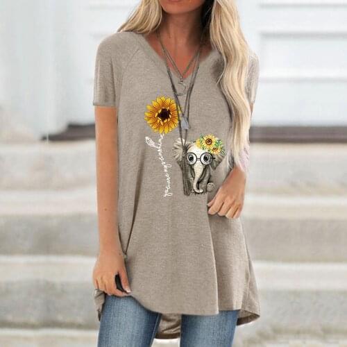 40# Women Plus Size T-shirts Summer Kawaii Elephant Print V Neck Short Sleeved Casual Pullover T-shirt Fashion Mujer Camisetas