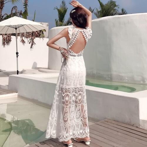 Summer Ladies High Quality Lace Beach Long Skirt White Sexy Backless Dress Female Vacation vestidos