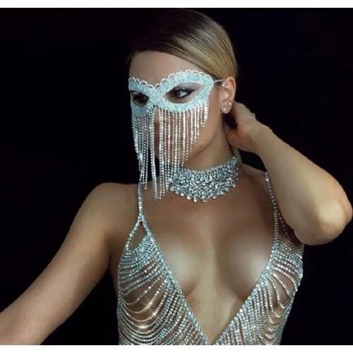 Fashion Rhinestone sexy tassel masquerade mask jewelry for women Halloween party nightclub dance jewelry shiny crystal chain