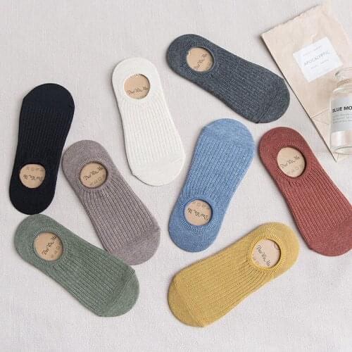 Spring Summer Solid Color Women Invisible Socks Cotton Double Needle Bar No Show Woman Socks Non-slip Kawaii Calcetines B003