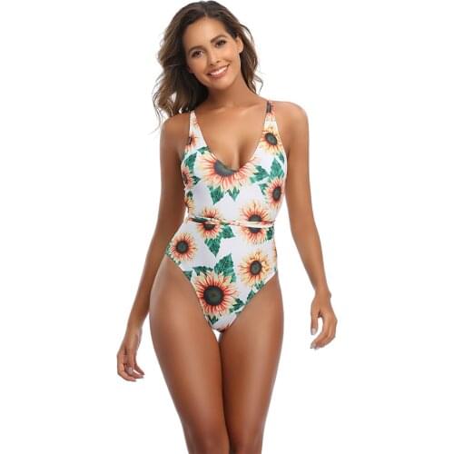 Sun Flower One Piece Swimsuit Women Print Swimwear Push Up Monokini Open Back Swim Suit Belt Bathing Suit Pad Mujer Beachwear
