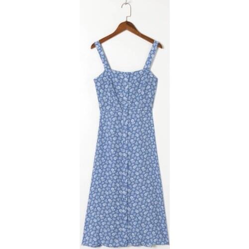 2021 Vintage France Style Floral Print Strap Midi Dress Retro Sexy Women Sleeveless Center Buttons Sling Dress Holiday Tank Robe