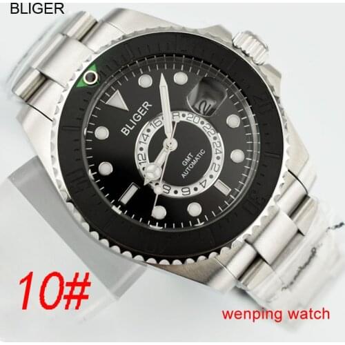 1 pcs E2417 BLIGER 43mm Ceramic black steel strap GMT Functional watch automatic mens Wristwatch