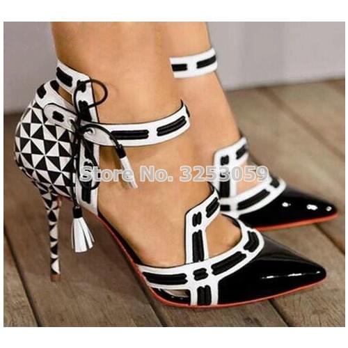 ALMUDENA Women White/Black Patent Leather Chess Pattern Pointed Toe Pumps Thin High Heel Fringe Cut-out Gladiator Dress Shoes