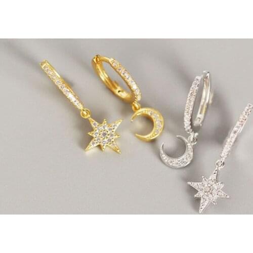 WTLTC 925 Sterling Sliver Moon Star Hoop Earrings For Women Asymmetrical Cubic Zirconia Hoops Earrings Minimal Small Earrings