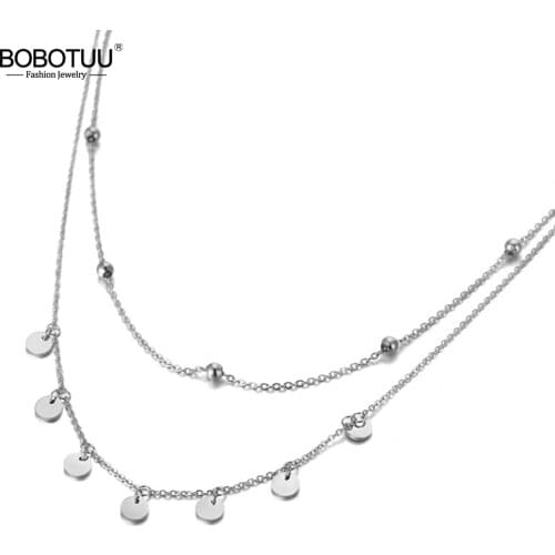 BOBOTUU Fashion Bohemia Titanium Steel Double Layer Charm Chain Choker Necklace Beach Jewelry Pendant Necklace For Women BN19127