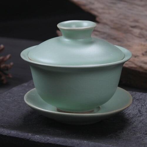 [GRANDNESS] Chinese Traditional Tea Set Ruyao Gaiwan Celadon Gongfu Tea Set Tureen Cup Bowl Gaiwan 120ml Gaiwan Tea Set Ru Kiln