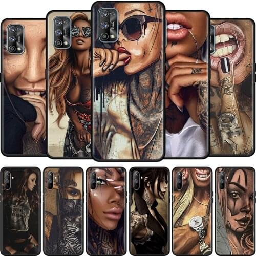 Black Soft Case For Realme 6 7 Pro C3 5 8 XT GT Neo X50 C15 C11 C21 C25 7i Luxury Shockproof Phone Cover Cool Tattoo Girl Shell