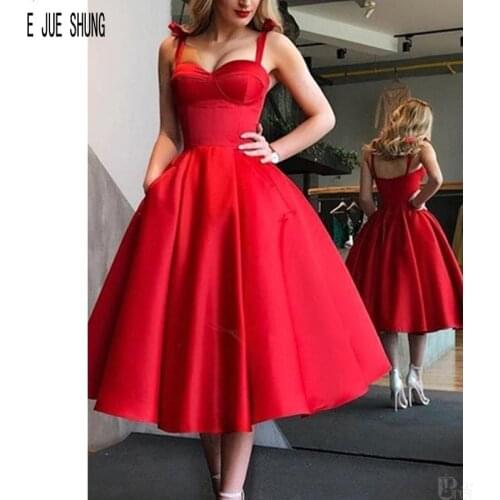 E JUE SHUNG Simple Red Short Evening Dresses Spaghetti Strap Backless Formal Prom Dresses Tea-Length Party Gowns robe de mariee