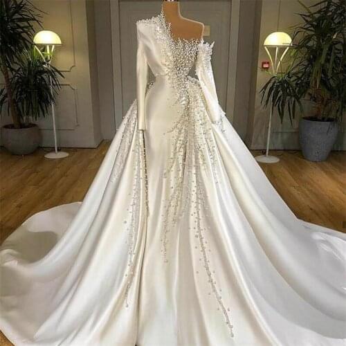 Elegant Heavy Pearls Wedding Dresses with Detachable Train Long Sleeves Satin Beaded Bridal Gowns Custom Made Luxury robes de ma