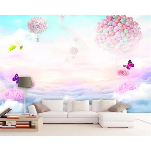 Beibehang Child room background wall decoration large mural 3d wallpaper dream rose butterfly rainbow sky photo mural wallpaper