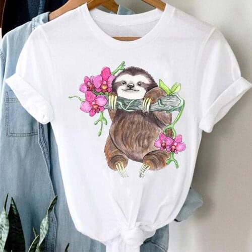 T-shirts Short Sleeve Sloth Cute Flower Print Clothes Women Cartoon Casual Fashion Graphic Tshirt Top O-neck Lady Female Tee