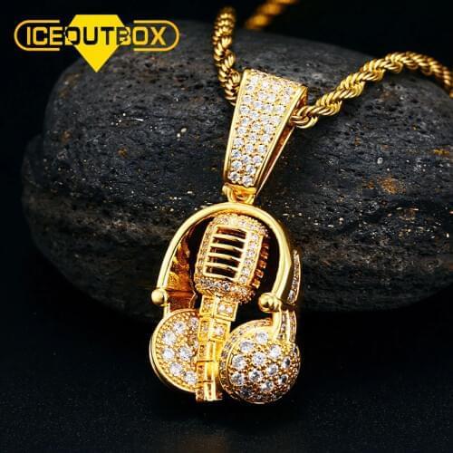 ICEOUTBOX Microphone Headset Pendant Necklace Iced Out AAA+ Cubic Zircon Pendant Men Hip Hop Jewelry Fit With 4MM Tennis Chain