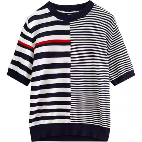 JMPRS Summer Women Knit Thin T Shirt Fashion Striped Short Sleeve Loose Female Tees Casual O Neck Patchwork Designed Ladies Tops
