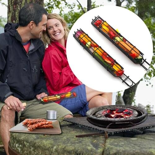 Barbecue Basket Bar Shape Iron And Wood Skewer Basket Outdoor Barbecue Utensils Portable BBQ Grilling Basket