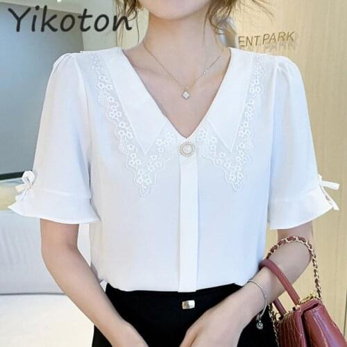 2021 Summer Blouse Shirt Fashion Short Sleeve Elegant Work Wear Chiffon Casual White Shirts Top Japan Korean Style Plus Size 4XL