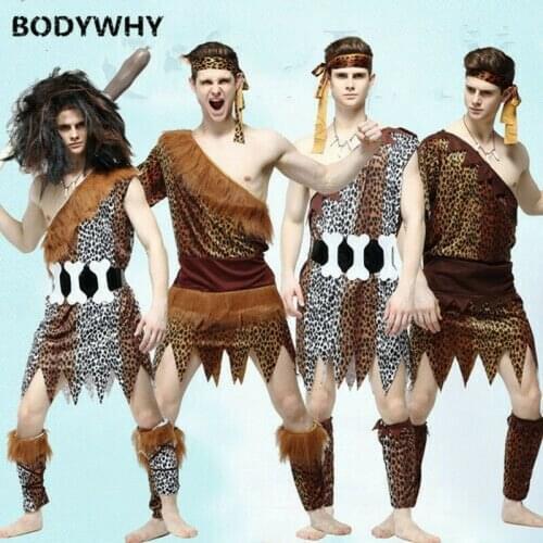 Mens Primitive Man Leopard Clothes Indigenous Costume Cosplay African Savage Performance Stage Costume Unisex