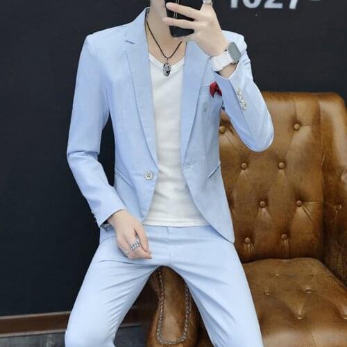 2021 Mens Spring Long Sleeve Suit Youth Fashion Slim Fit All-Matching Solid Color Suit Two Pieces
