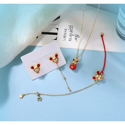 2020 New Chinese Zodiac Lucky Mouselet Fashion Jewelry Set For Women Red Enamel Cute Animal Dangle Earrings Bracelet Necklace