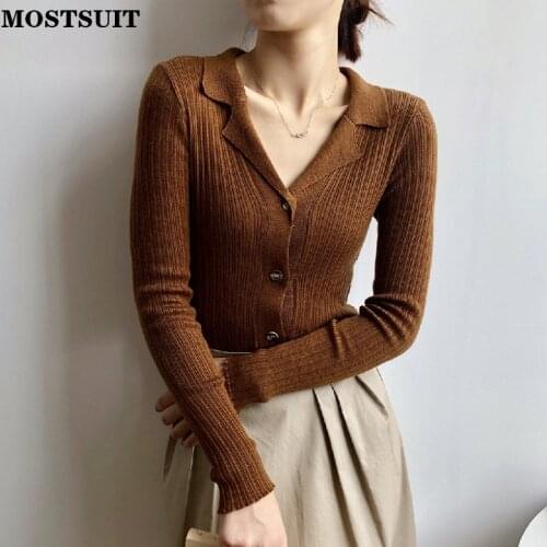 Autumn Notched Collar Knitted Cardigan Sweater Women Full Sleeve Single Breasted Slim Solid Jumpers Vintage Elegant Female Tops