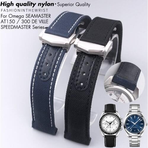 19mm 20mm 21mm High Quality Nylon Fabric Cowhide Watchband for Omega Seamaster AT150 De Ville Speedmaster Curved Watch Strap
