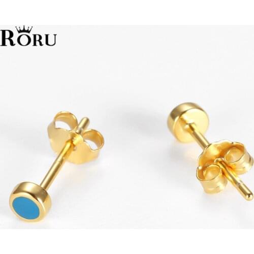 Silver 925 Sterling Minimalist Round 3.4mm Blue Resin Epoxy Gold Plate Ear Studs Earrings Jewelry for Women Daughter Girls 2021