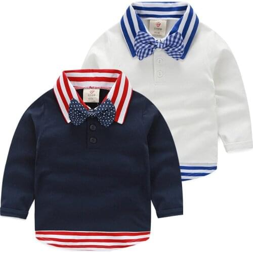 2018 Spring Autumn Bow Tie ChildrenS Tops Clothing Child Faux Two Piece Long-Sleeve Strip Patchwork Kids Baby Boy Basic T Shirt