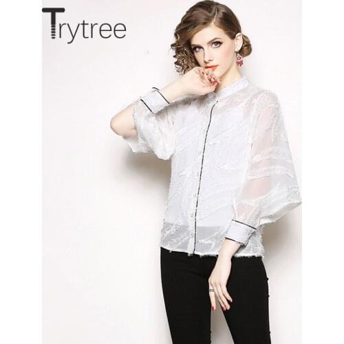 Trytree Spring Summer Women Blouse Casual Polyester and Lace Stand Collar Flare Sleeve shirt Tops clothes Office Lady Shirts
