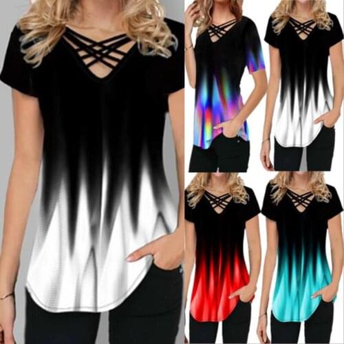 Women Color Short Sleeve Tee 3D T-Shirts Lady Gradient Print V-Neck Bandage T-shirt Top For Streetwear T-Shirt New Clothing