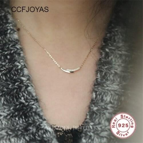 CCFJOYAS 925 Sterling Silver 14K Gold Plating White Crystal Pendant Clavicle Chain Necklace Women Gold Silver Jewelry Accessorie