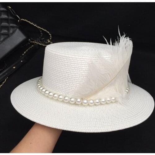 Spring summer the new French style straw hat with pearl and feather for women flat top beach